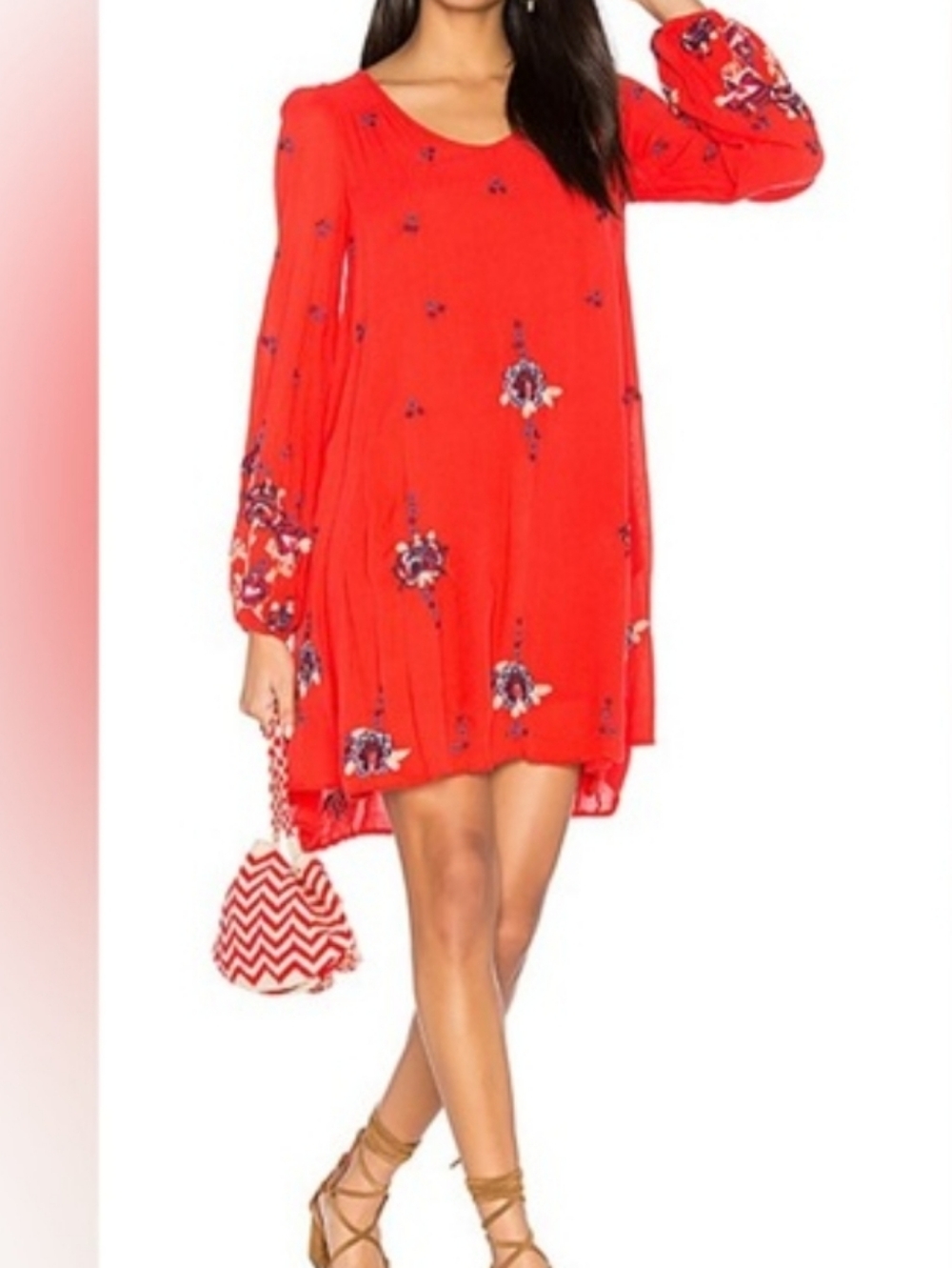 Free People Red Floral Embroidered Long Sleeve Shift Dress